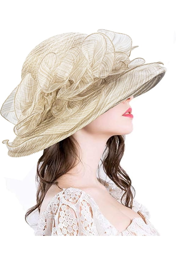 Women Organza Derby Sun Hat,Kentucky Fascinator Cocktail Tea Party Hat Flower Church Wedding Bridal Straw Caps