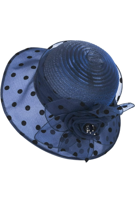 Women Organza Flower French Party Hat Dots-Organza Decorate Wide Brim Straw Derby Sun Hat Kentucky Church Hat