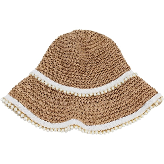 LinYooLi Women Pearls Decor Straw Woven Sunhat Sun Protection Fisherman Hat Bucket Hat