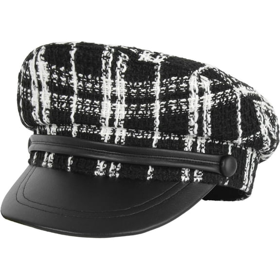 LinYooLi Women Plaid PU Brim Polyester Newsboy Cap Bakerboy Hat Flat Top Captain Sailor Hat