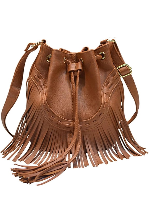 Women Small Fringed Faux Leather Crossbody Bag Drawstring Shoulder Bag Boho Bucket Bag