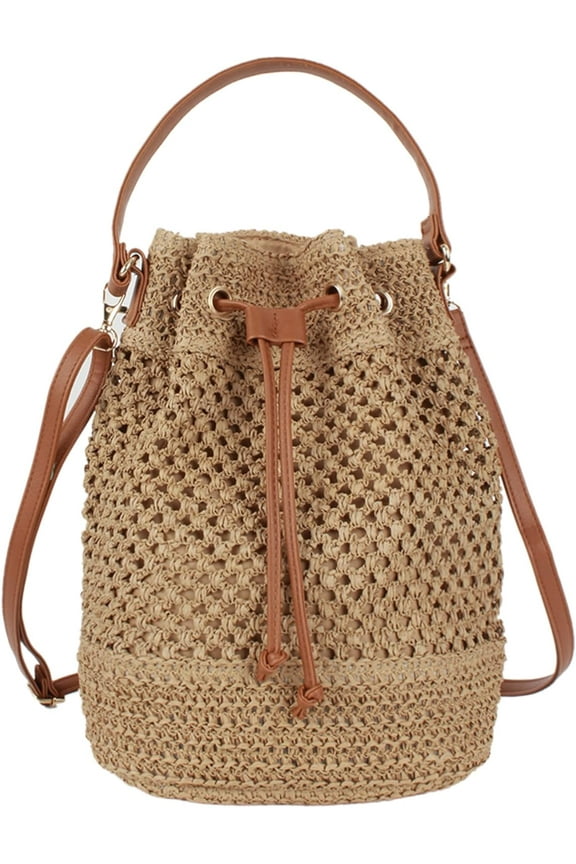 Women Small Hollow Out Straw Woven Cross-body Bag Top-handle Bag Drawstring Bucket Bag