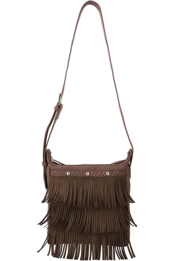 Women Small Rivet Tassels Sueded Cross-body Shoulder Bag with Adjustable Buckle Strap
