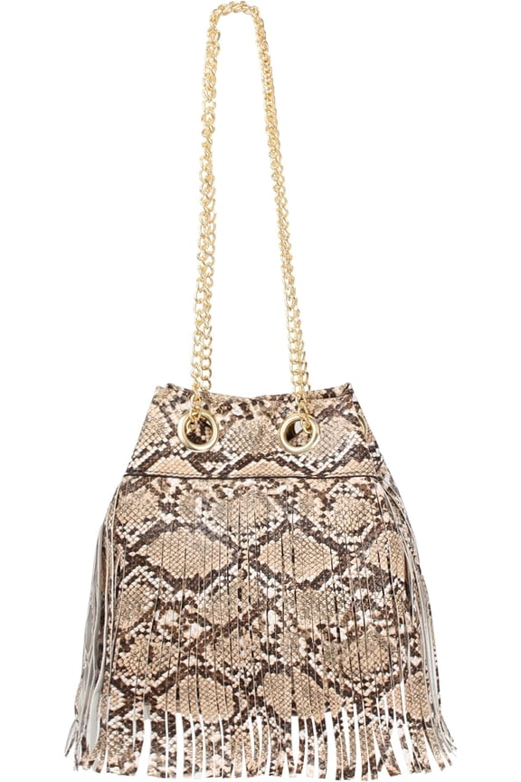 Women Small Tassels Snakeskin pattern Faux Leather Cross-body Bag Chain Drawstring Shoulder Bag