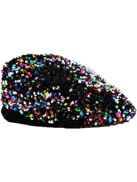 Women Sparkly Sequin Beret Hat Shining French Style Beanie Cap Artist Hat for Festival Party Dance Club