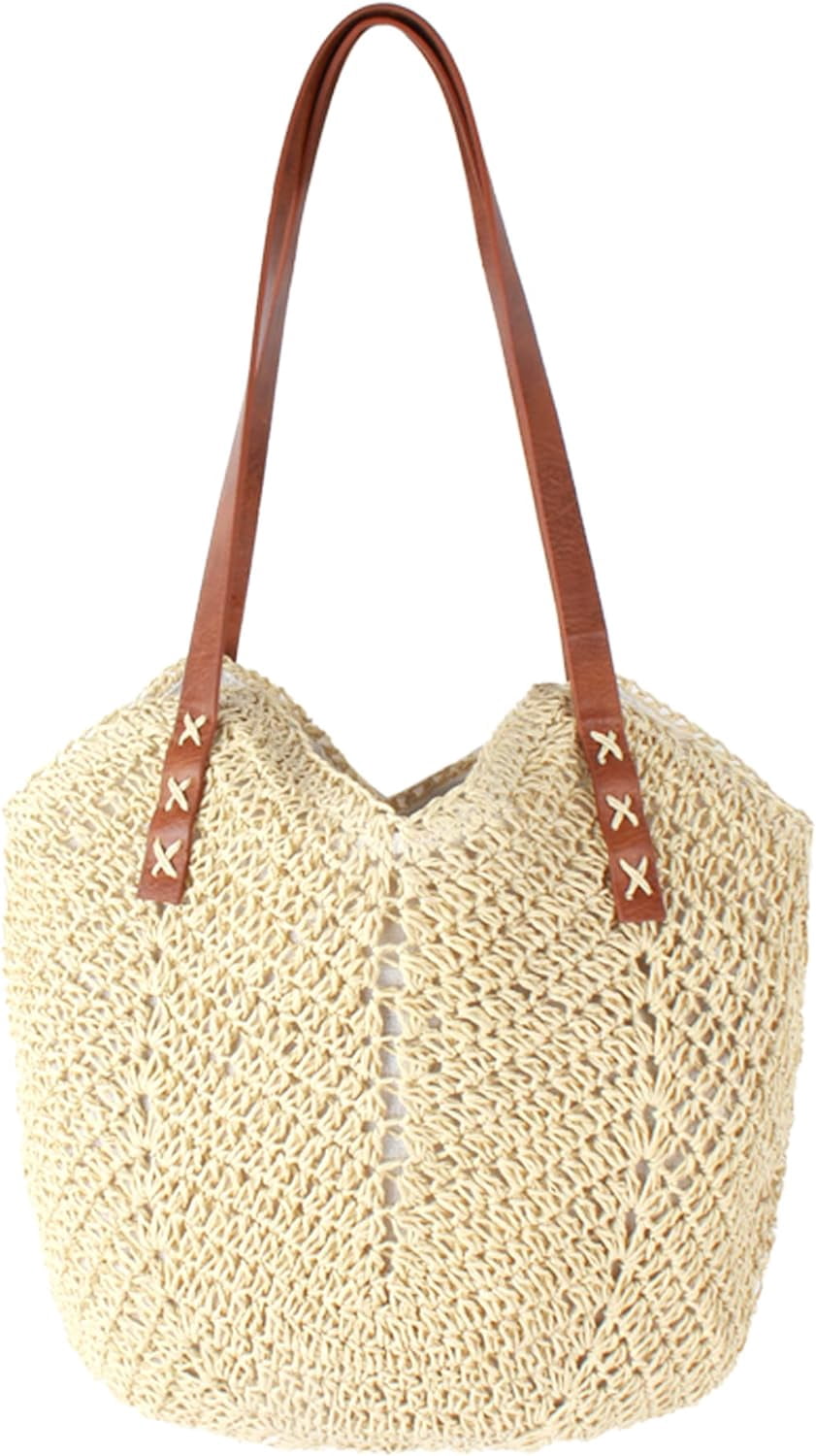 LinYooLi Women Straw Crochet Tote Bohemian Summer Beach Bag Large Handmade Shoulder Bag