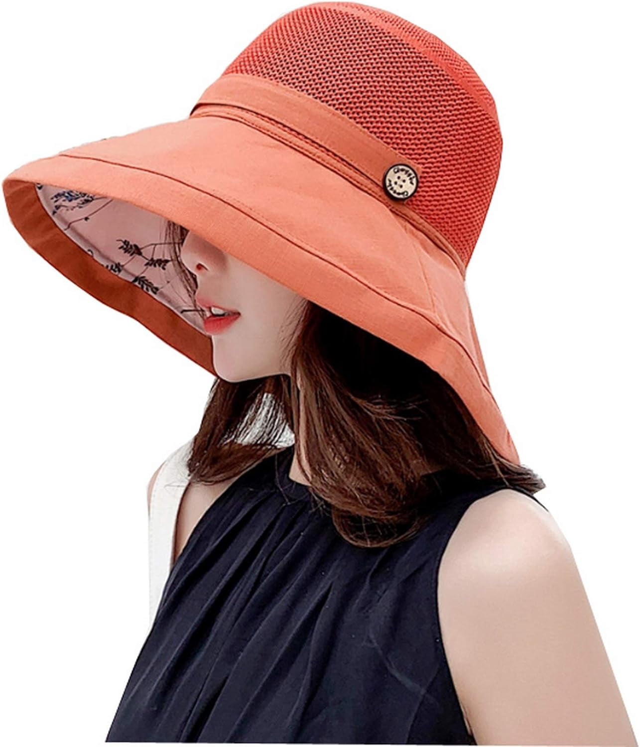 LinYooLi Women Wide Brim Foldable Sun Hat Hallow Out Printed Summer ...