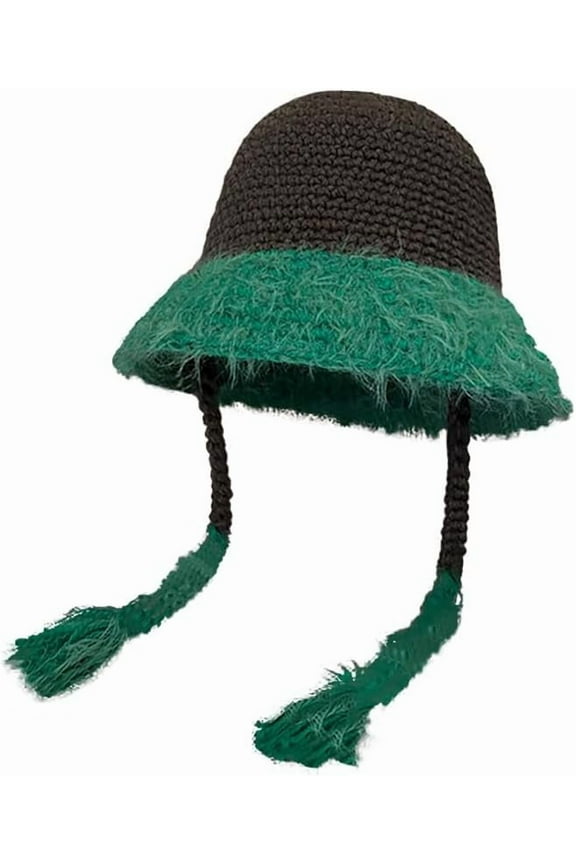 Women Winter Color Clashing Knit Handmade Crochet Bucket Hat Foldable Floppy Beanie Cap with Long Braid Tassel