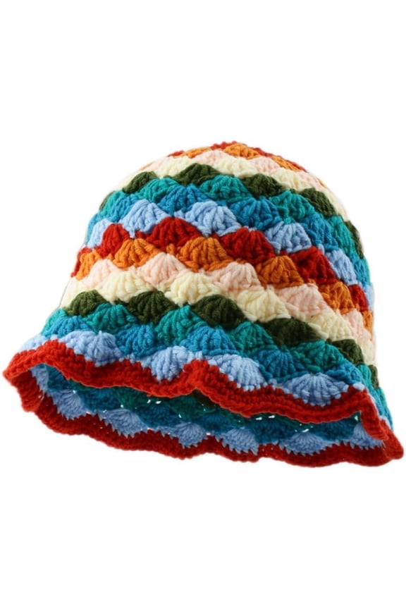Women Winter Colorful Knit Handmade Crochet Bucket Hat Foldable Floppy Multicolored Beanie Cap