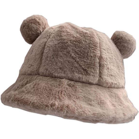 LinYooLi Women Winter Hat Cute Soft Bear Ears Hat Plush Fisherman's Cap Warm Student Bucket Hat Detachable Pompom Hat