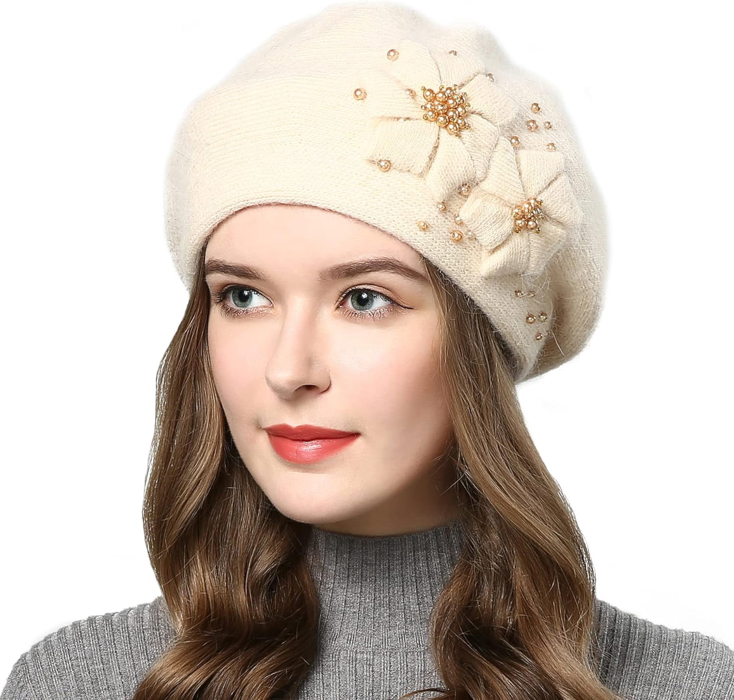 Women Winter Knit Beret Hat Rabbit Hair French Style Classic Warm Casual Beanie 9581 Women Winter Knit Beret Hat Rabbit Hair French Style  main image 4