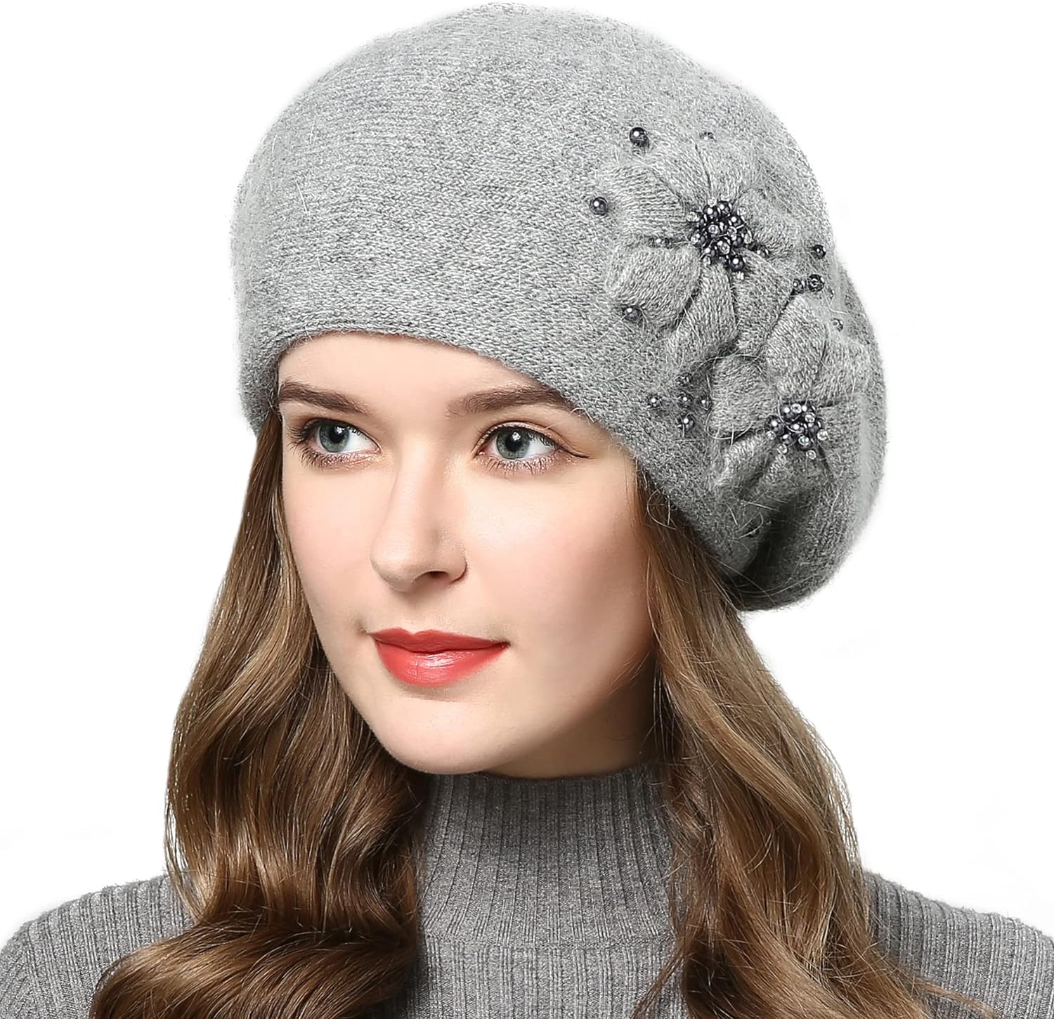Women\'s Winter Knit Beret Hat Rabbit Hair French Warm Casual Beanie Hat Grey Women main image 4