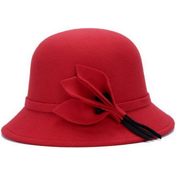 LinYooLi Women Wool Felt Church Cloche Cap Bucket Hat Bowler Hats with Leaves Band