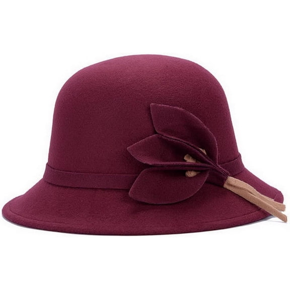 LinYooLi Women Wool Felt Church Cloche Cap Bucket Hat Bowler Hats with Leaves Band