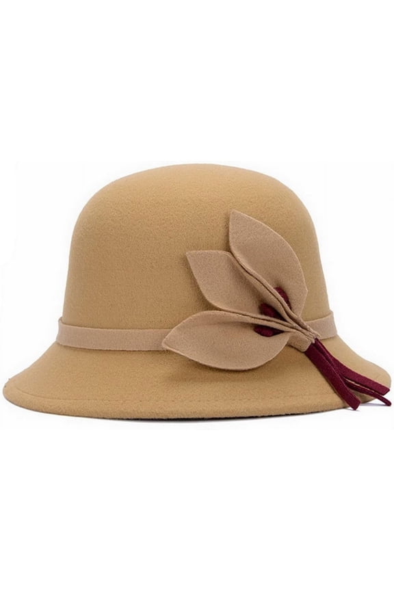 Women Wool Felt Church Cloche Cap Bucket Hat Bowler Hats with Leaves Band