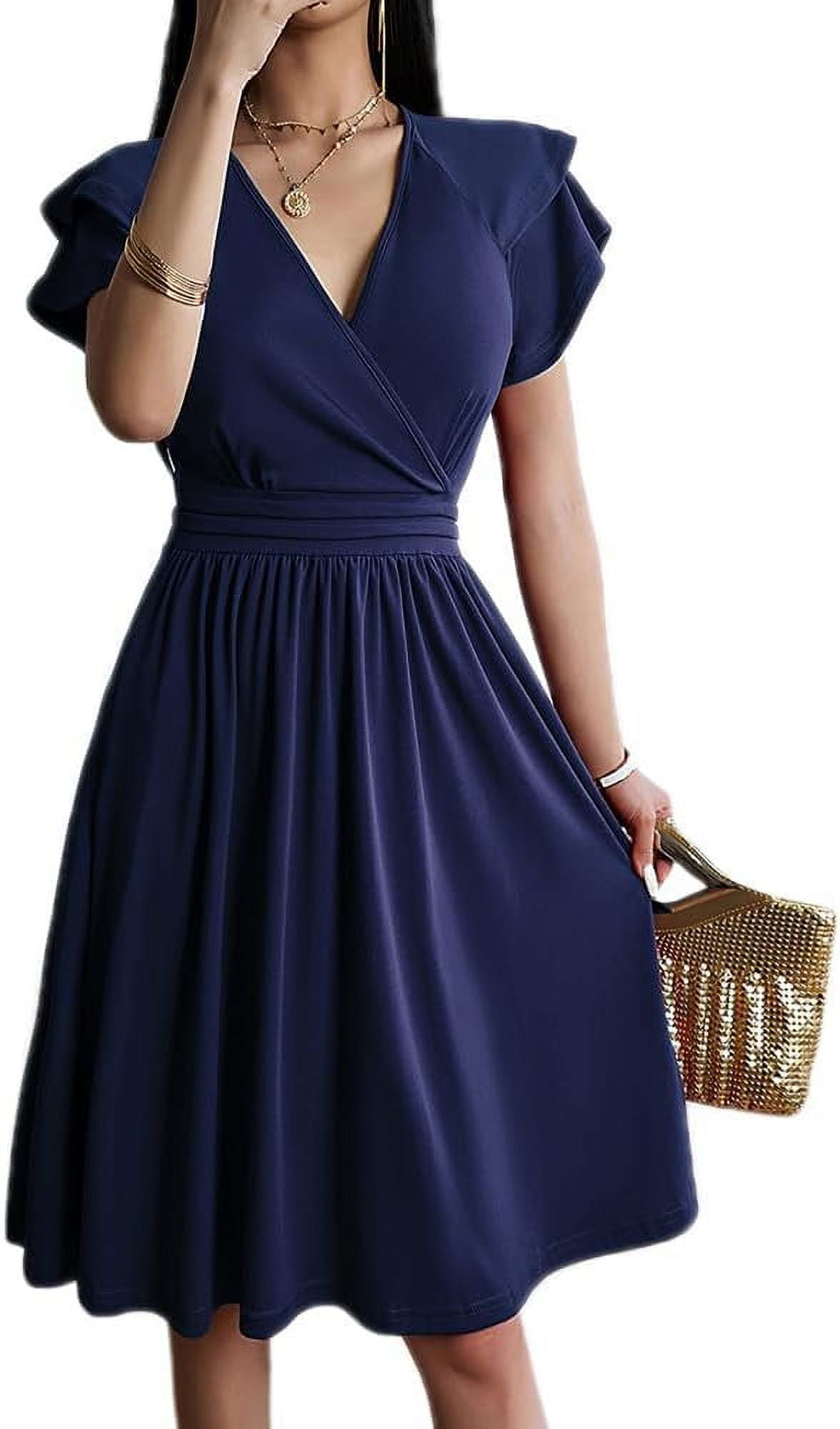 LinYooLi Women Wrap V Neck Short Flutter Sleeve Mini Dress Smocked ...