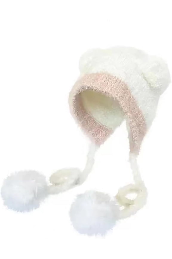 Women Y2K Bear Ear Beanie Hat with Pom Poms Cute Kawaii Accessories Grunge Crochet Knitted Slouchy Caps Alt Emo Clothes