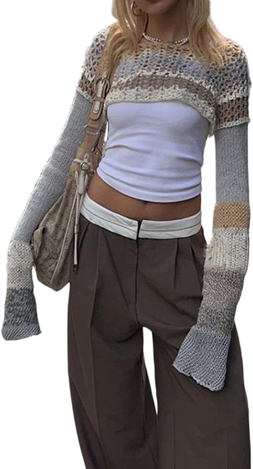 LinYooLi Women Y2K Crochet Knitted Cropped Sweater Boho Retro Hollow ...