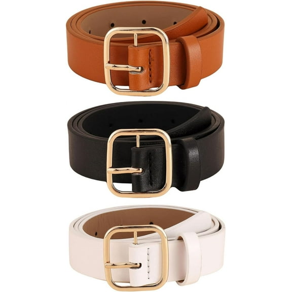 LinYooLi Women's 3 Pcs Leather Belt Medium Belt Square Belt Gold Buckle Jeans Pants