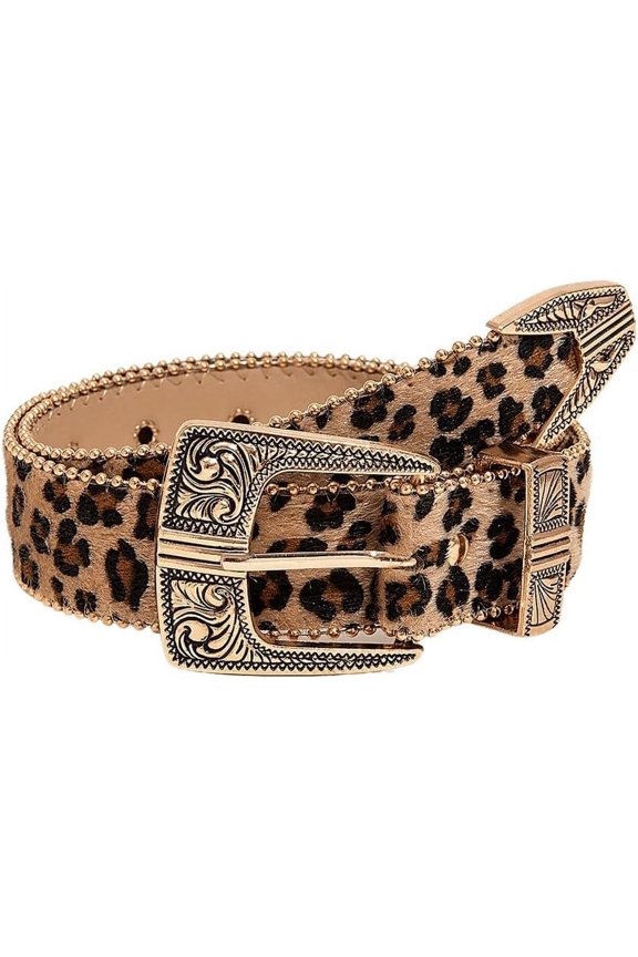 Women's Carved Pattern Leopard Print PU Leather Wide Buckle Belt