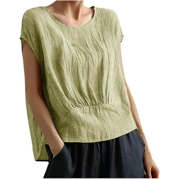 LinYooLi Women's Casual Solid Color Pleated Shirts Loose Fit Cap Sleeve Round Neck Blouse Fashion Lightweight Vacation Tee Top