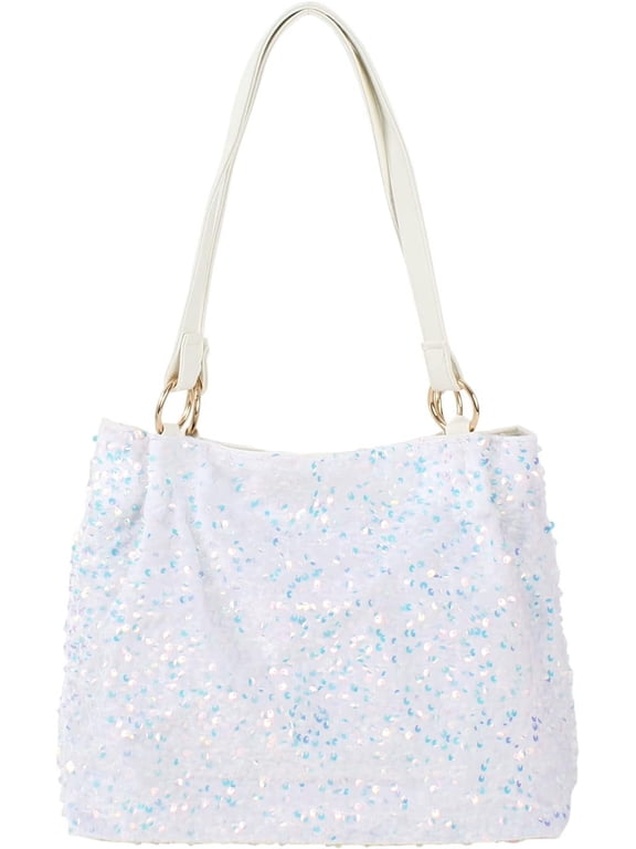 Women's Glitter Sequins Shoulder Tote Big Capacity Shimmer Shopping Bag Sparkling Handbag Purse