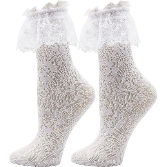LinYooLi Women's Lace Anklet Sock with Ruffle, 2 Pairs Set