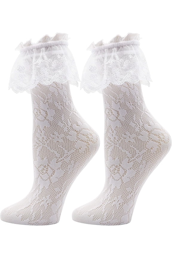Women's Lace Anklet Sock with Ruffle, 2 Pairs Set