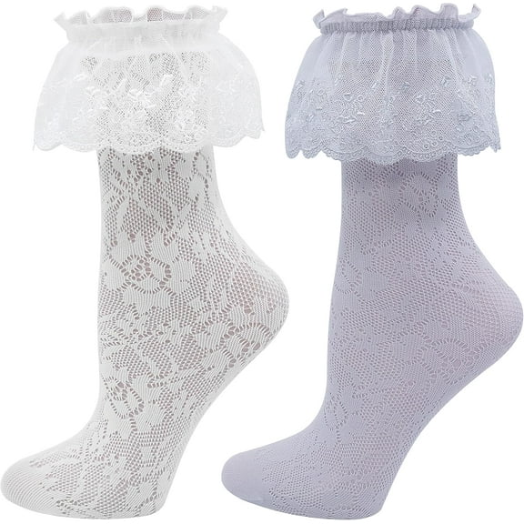 LinYooLi Women's Lace Anklet Sock with Ruffle, 2 Pairs Set
