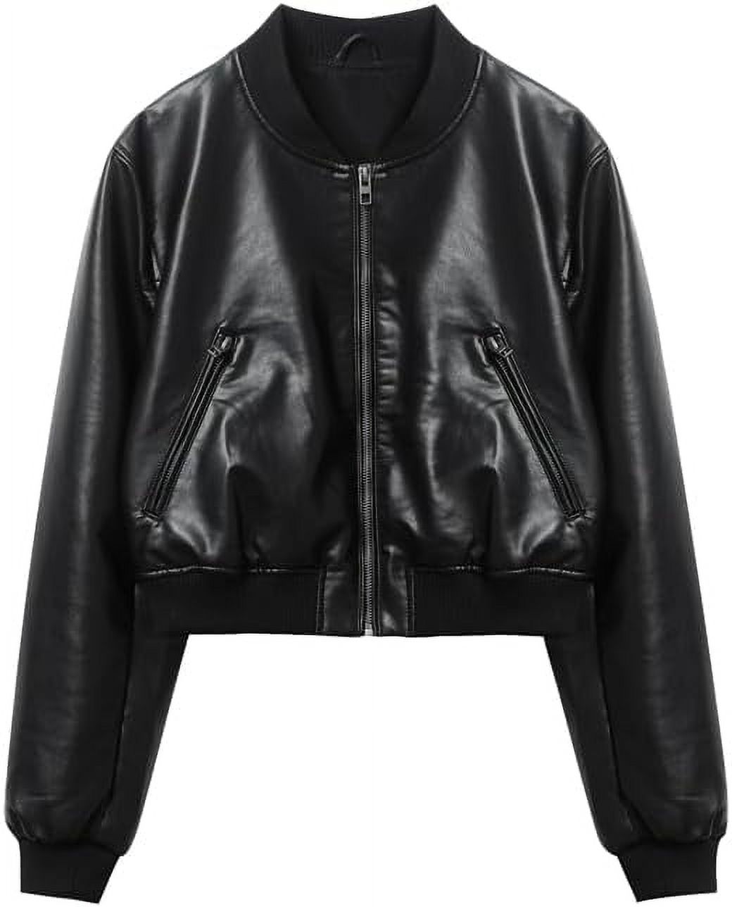 LinYooLi Women's PU Leather Cropped Bomber Jacket Long Sleeve Faux