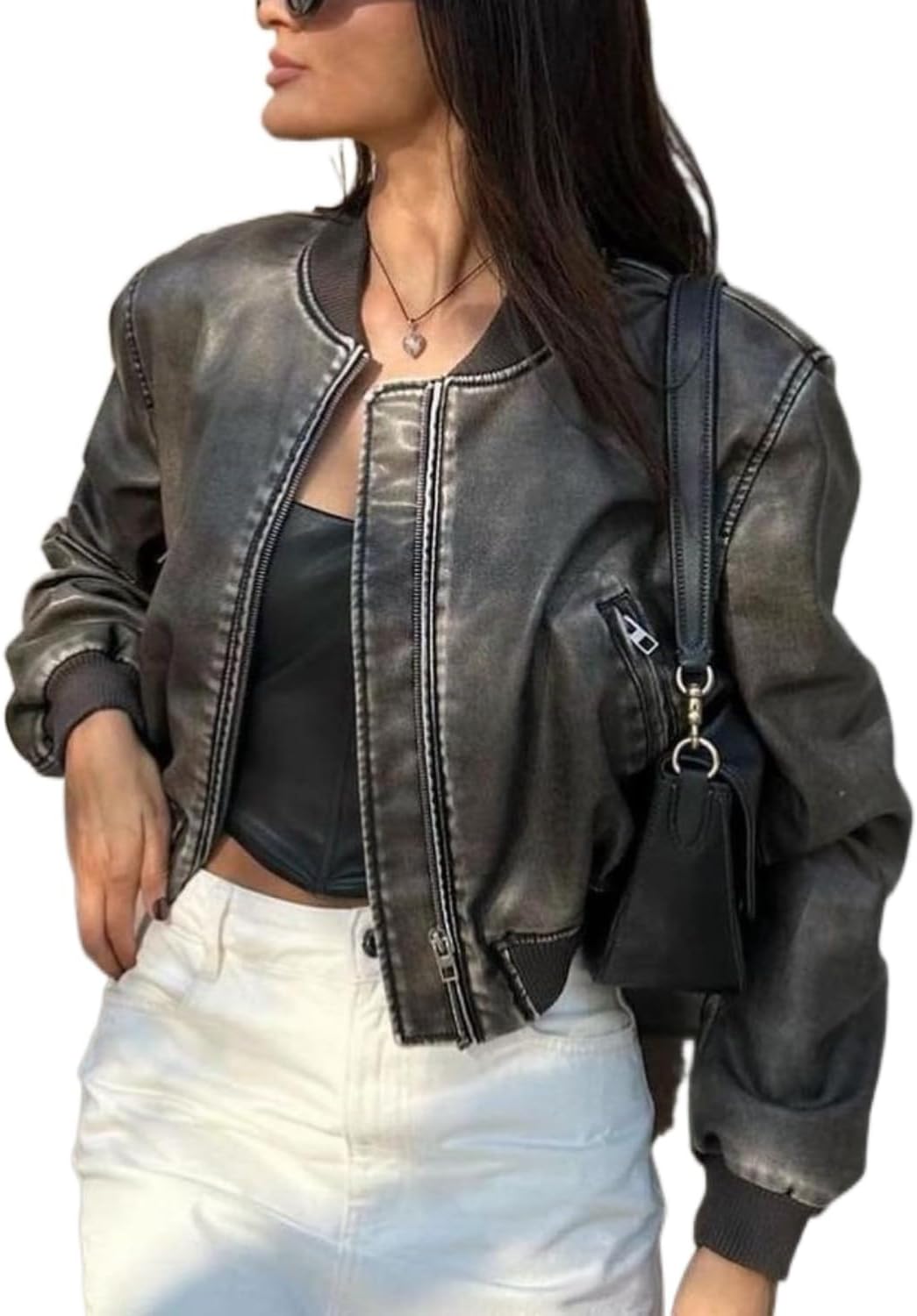LinYooLi Women's PU Leather Cropped Bomber Jacket Long Sleeve Faux