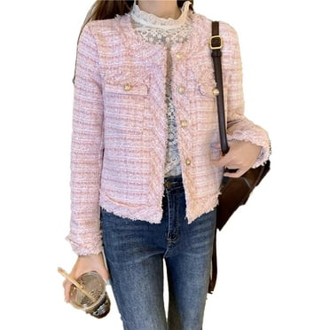 LinYooLi Women's Plaid White Tweed Blazer Open Front Collarless Blazer Elegant Work Cropped Jacket Coat