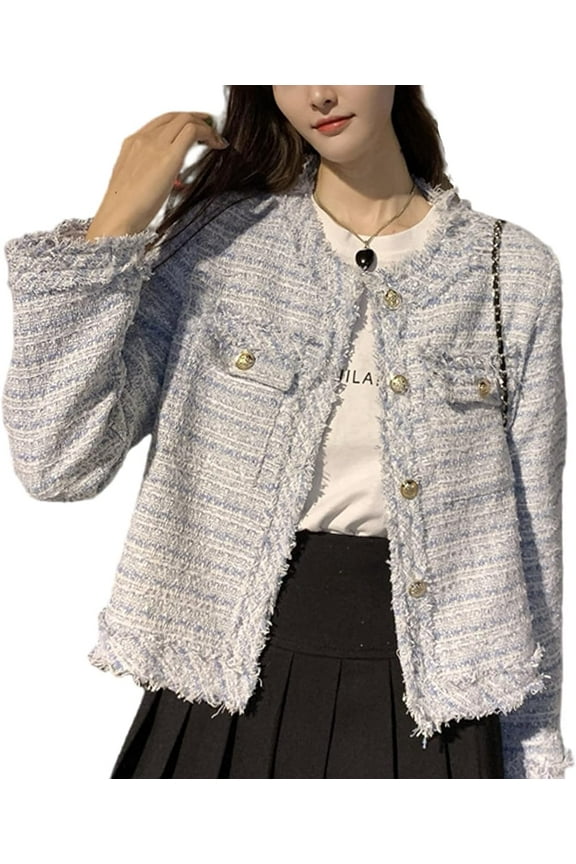 Women's Plaid White Tweed Blazer Open Front Collarless Blazer Elegant Work Cropped Jacket Coat