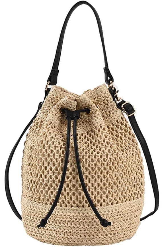 Women's Straw Bucket Bag Woven Beach Crossbody Bag Drawstring Retro Mini Shoulder Bag Summer Vacation Hobo Purses