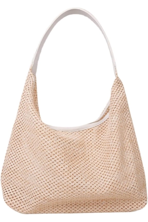 Women's Straw Bucket Tote Bag Summer Woven Hobo Bag Handmade Mesh Beach Rattan Shoulder Bag Vacation Handbag