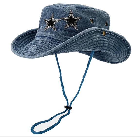 LinYooLi Women's Y2K Sun Hat, Cotton Washed Boonie Hat with String Rhinestones Star Cowboy Cap Wide Brim Safari Bucket Hat