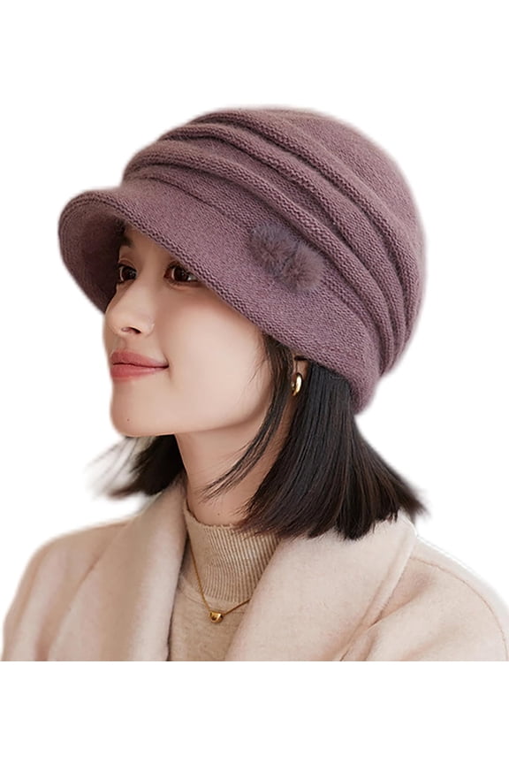Womens Cloche Beanie Hat Folds Decor Winter Warm Knitted Hat with Visor Brim Bowler Hat
