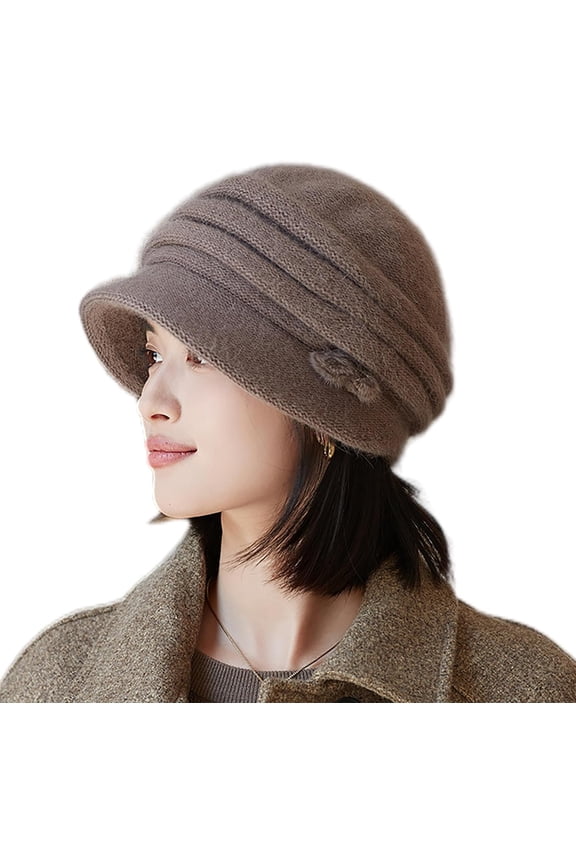 Womens Cloche Beanie Hat Folds Decor Winter Warm Knitted Hat with Visor Brim Bowler Hat