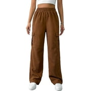 LinYooLi Womens Vintage Loose Straight High Elastic Waist Corduroy Cargo Pants Trousers