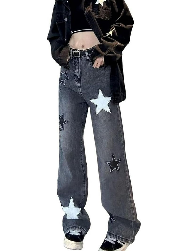 90s OLD GAP FLARE SLACKS y2k アーカイブ LinYooLi Y2K Baggy Jeans Star Patch Wide Leg Pants Alt Emo