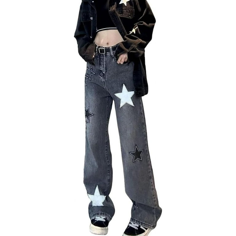LinYooLi Y2K Baggy Jeans Star Patch Wide Leg Pants Alt Emo LinYooLi Y2K Baggy Jeans Star Patch Wide Leg Pants Alt Emo