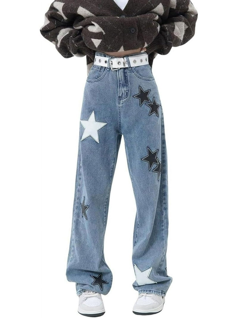 LinYooLi Y2K Baggy Jeans Star Patch Wide Leg Pants Alt Emo