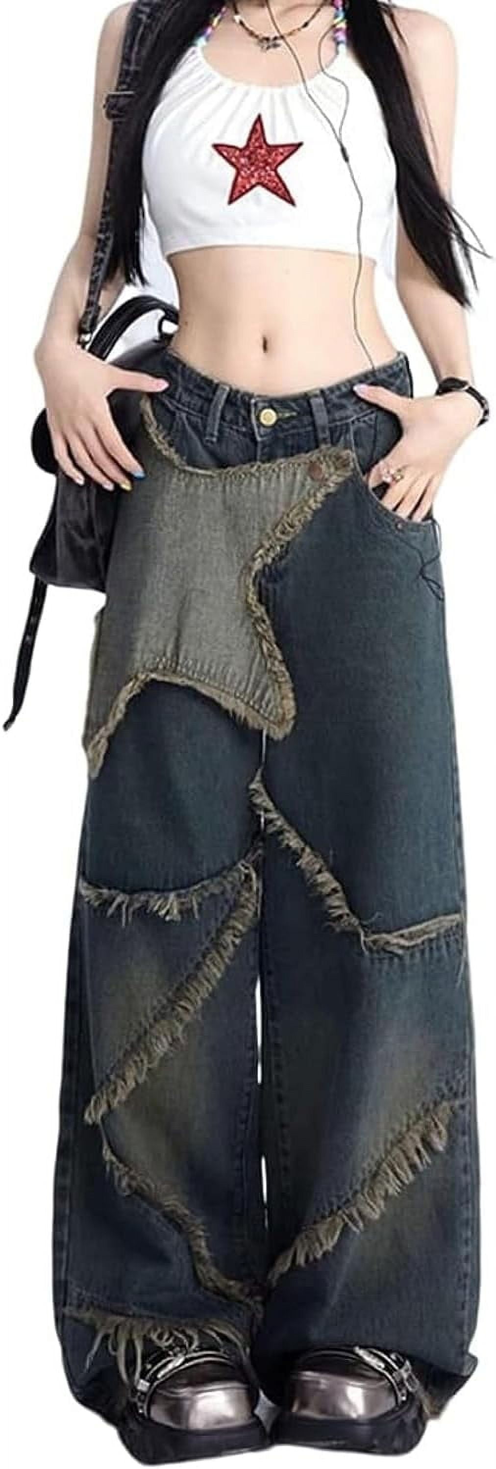 Women's Y2K Distressed Star Patchwork Jeans - High Waist Baggy Wide Leg, 65% Cotton Denim | Streetwear Pants