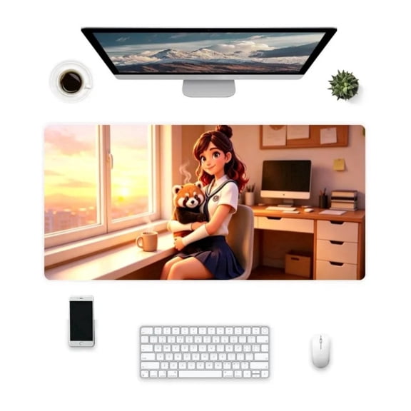 Lina Harper Home Red Panda Print Desk Mat, Diatom Mud Rubber Non-Slip Waterproof Mouse Pad, 3mm Thick Stitched Edge, 30x70cm Anime Cute Large Desk Pad