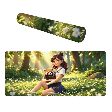 Lina Harper Home Cute Red Panda Anime Gaming Mouse Pad, Rubber Non-Slip Waterproof Large Desk Mat, 11.81" x 27.56", Green, for Home Office & Gaming