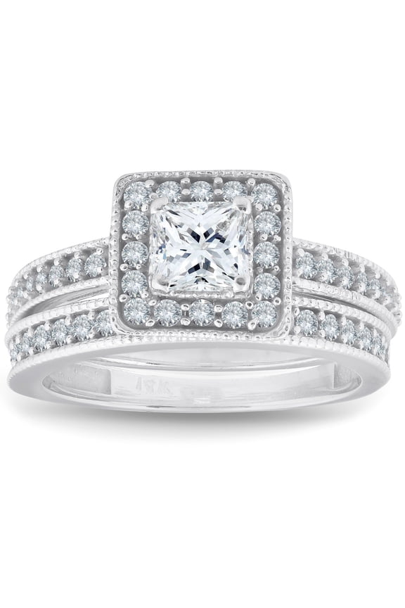 1.4 Ct Princess Cut Diamond Rings for Her - 14K White Gold Plated Jewelry - Women's Prong Setting Engagement Wedding Rings - Halo Party Wear Diamond Rings