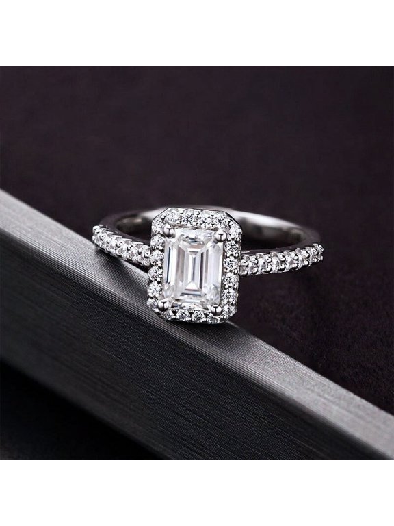 1.7 Ct Emerald Cut Lab-Created Simulated Diamond Halo Engagement Ring 14K White Gold Plated Ring for Women