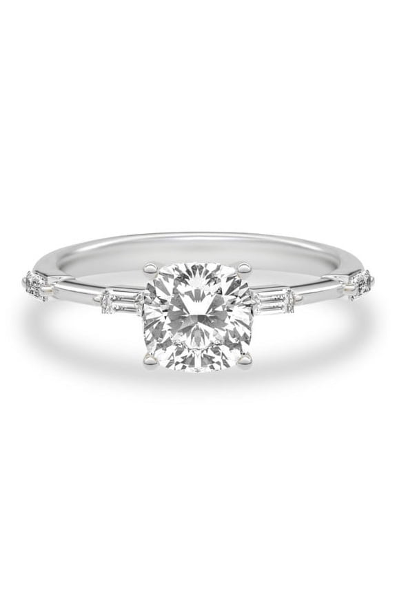 1.92 Ct Cushion Cut Engagement Ring for Women - 14K White Gold Plated - Solitaire with Accent Design - Lab-Created Simulated Diamond - Wedding Ring - Special Occasion Gift for Proposal