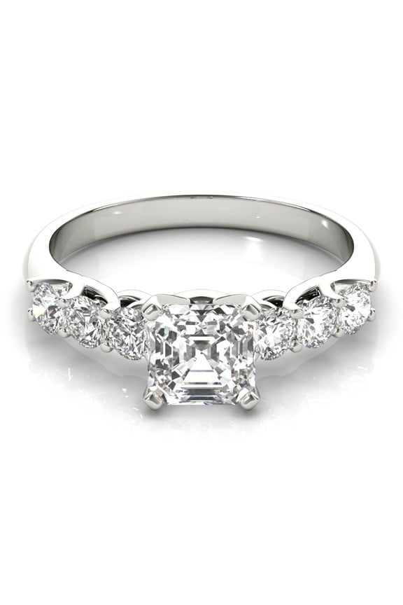 14K White Gold Plated 2.13 Ct Asscher Cut Diamond Solitaire with Accent Ring - Seven Stone Diamond Ring - Split Shank Ring - Perfect Engagement Ring for Her - Gift for Her - Prong Setting