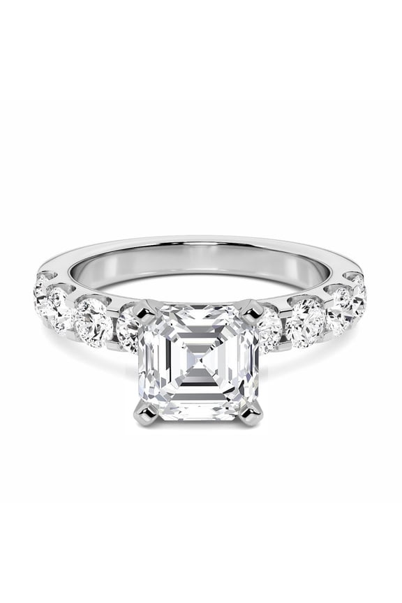 14K White Gold Plated - Excellent Asscher Cut Engagement Solitaire With Accent Rings - Teen Girls Birthday Gifts - Casual Daily Wear Ring for Women's - Beautiful Stack able Diamond Ring